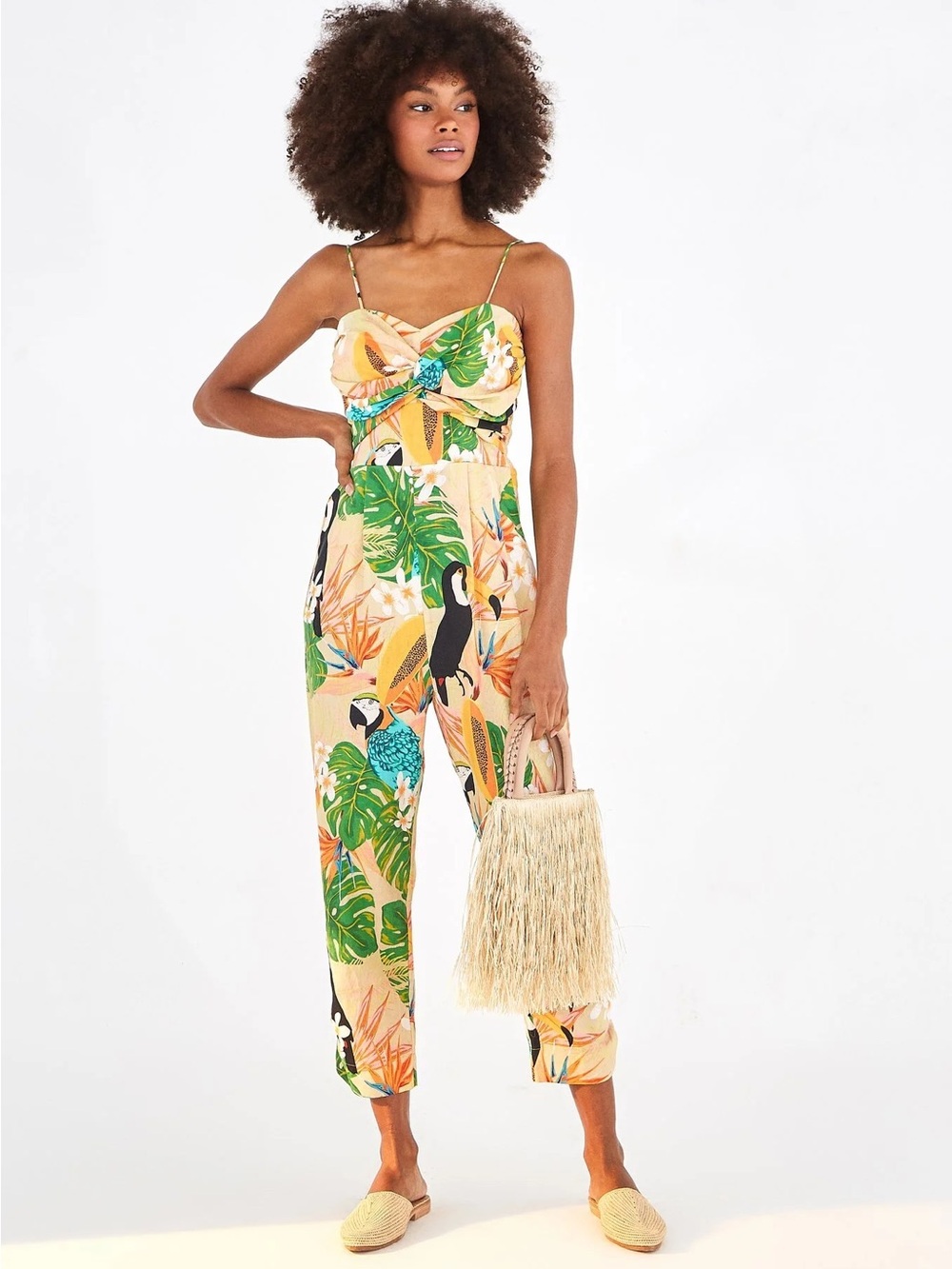 FARM RIO Tropical Print Spaghetti-Strap Jumpsuit - Yellow Multi